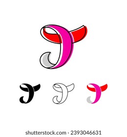 Colorful curvy letter T, handwritten script alphabet, cursive calligraphy typeface, vector hand-drawn typeface isolated on a white background.