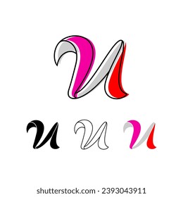 Colorful curvy letter U, handwritten script alphabet, cursive calligraphy typeface, vector hand-drawn typeface isolated on a white background.