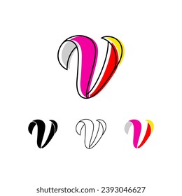 Colorful curvy letter V, handwritten script alphabet, cursive calligraphy typeface, vector hand-drawn typeface isolated on a white background.