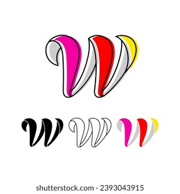 Colorful curvy letter W, handwritten script alphabet, cursive calligraphy typeface, vector hand-drawn typeface isolated on a white background.