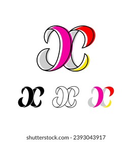 Colorful curvy letter X, handwritten script alphabet, cursive calligraphy typeface, vector hand-drawn typeface isolated on a white background.