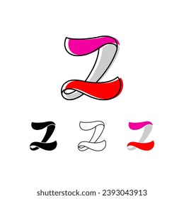 Colorful curvy letter Z, handwritten script alphabet, cursive calligraphy typeface, vector hand-drawn typeface isolated on a white background.