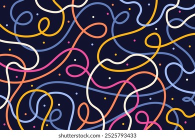 Colorful curvy lines design isolated on a black background. Abstract noodle background with wavy lines. Creative playful geometric art.