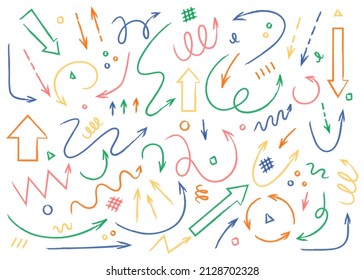 Colorful curvy pointers and cute arrows set. Infographic collection for school and office. Hand drawn vector.