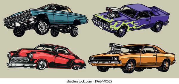 Colorful custom cars vintage collection with lowrider muscle and classic retro automobiles isolated vector illustration