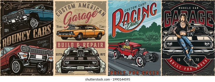 Colorful custom cars vintage posters with lowrider and muscle cars skeleton in baseball cap driving hot rod pretty tattooed woman holding spanner vector illustration