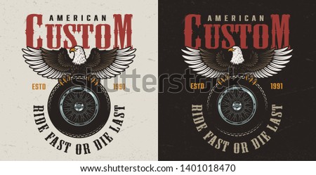 Colorful custom motorcycle label with eagle sitting on motorbike wheel in vintage style isolated vector illustration
