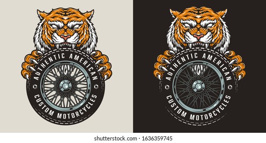 Colorful custom motorcycle logo with angry tiger holding moto wheel in vintage style isolated vector illustration