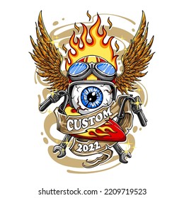 Colorful Custom motorcycle spare parts with one eye wearing a helmet with wings and fire on it for t shirt design