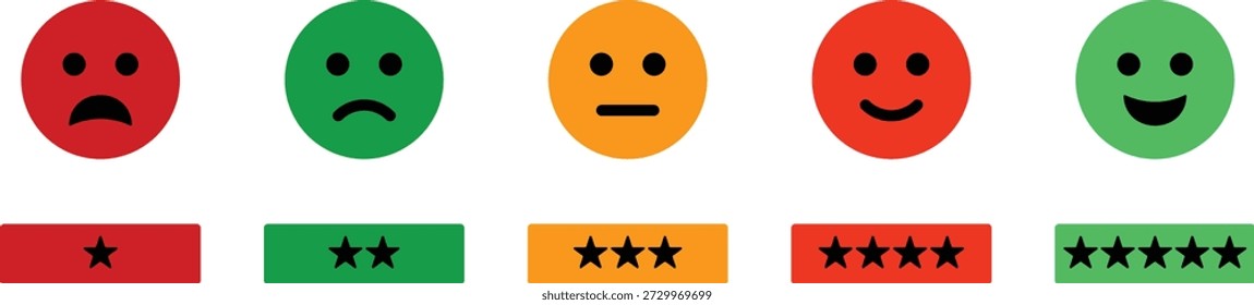 Colorido conjunto de iconos de Comentarios Cliente con caras emocionales, barras de clasificación por estrellas y símbolos de Aprobación diseñados para sistemas de revisión, Encuestas de satisfacción, productos digitales, App móviles, paneles de control y proyectos de diseño de interfaz de usuario modernos