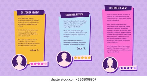 Coloridas reacciones de servicio al cliente con tres testimonios verticales y cuadrados, marcadores de foto, citas y texto de revisión. Diseño de publicaciones en redes sociales con testimonios de clientes. Ilustración del vector