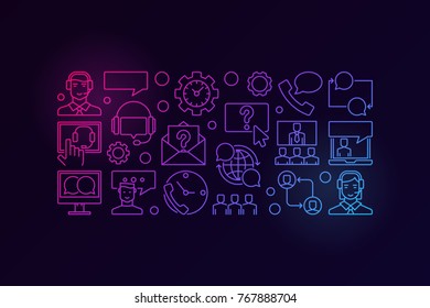 Colorful customer service and support vector outline horizontal banner or illustration on dark background