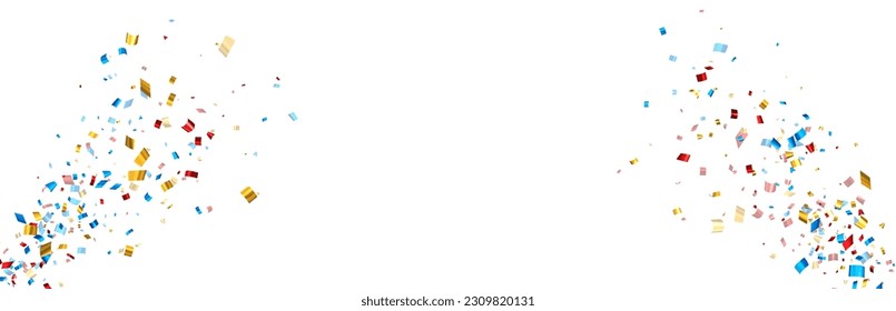 Colorful cut out foil ribbon exploding confetti background with space for text. Design element. Vector illustration.