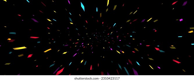 Colorful cut out foil ribbon perspective confetti on black background. Flying in cosmos with high speed effect. Design element. Vector illustration.