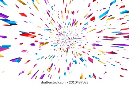 Colorful cut out foil ribbon perspective confetti. Flying in cosmos with high speed effect. Design element. Vector illustration.