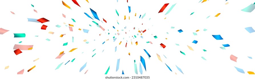 Colorful cut out ribbon perspective confetti background. Flying in cosmos with high speed effect. Design element. Vector illustration.