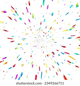 Colorful cut out ribbon perspective confetti background. Flying in cosmos with high speed effect. Design element. Vector illustration.