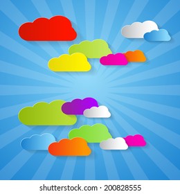 Colorful Cut Paper Clouds on Blue Background 