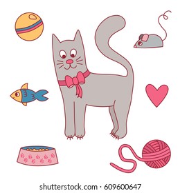 Colorful cute adorable cat with ball fish mouse yarn heart plate doodle drawing set