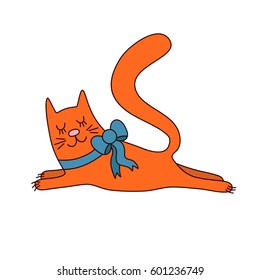 Colorful cute adorable red cat pet with blue bow doodle vector illustration