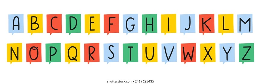 Colorful cute alphabet. Hand drawn vector illustrations on white background.