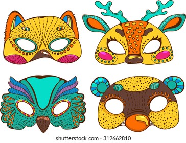 Colorful  cute animal masks. Stylish graphic design for children, colorful doodle illustration, Vector