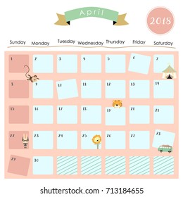 Colorful cute April 2018 calendar with lion,monkey,rabbit,tiger and van