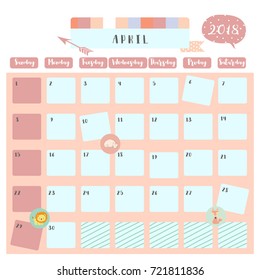 Colorful cute April 2018 calendar with lion,cat and fox