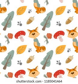 Colorful cute autumn forest seamless vector pattern with the fox, mushrooms, yellow leaves and a rowan branch. Kids prints