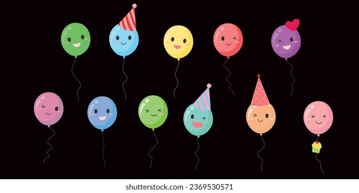 Colorful cute balloons party smiling on black background