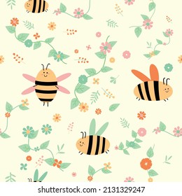 colorful cute bee with leaf and flower seamless for fabric pattern