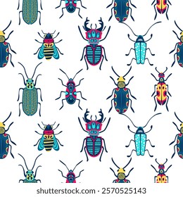 Colorful cute beetles and bugs seamless pattern. Vector flat cartoon illustration. Doodle insects on white background. Fashion kids textile print, fabric, wrapping paper design