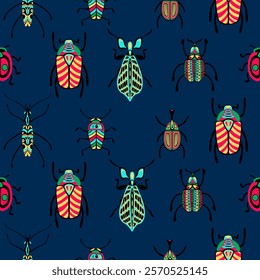 Colorful cute beetles and bugs seamless pattern. Vector flat cartoon illustration. Doodle insects on dark navy background. Fashion kids textile print, fabric, wrapping paper design