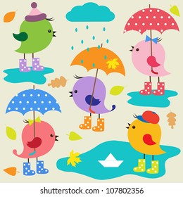 Colorful cute birds .Autumn vector set