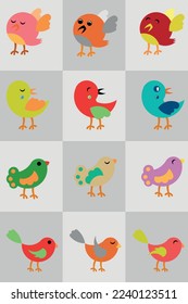 Colorful cute birds different from each other and illustrations with different moods