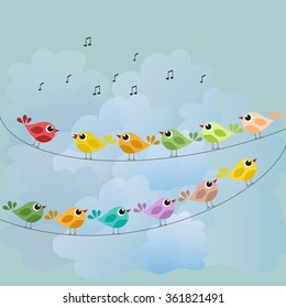 Colorful cute birds on a wire. Spring or summer theme. Template for card.