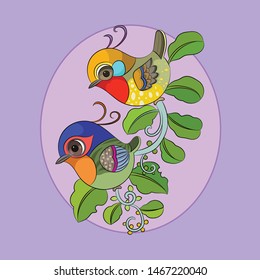 The colorful cute birds playing on branch with pink background.Vector image illustration for background