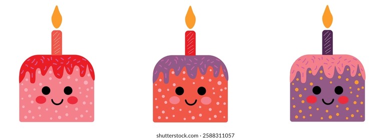 Colorful Cute Birthday Cake  with Candles and Smiling Faces. Whimsical illustration of three colorful birthday cake characters with lit candles and cheerful expressions, emphasizing celebration, joy, 