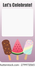 Colorful and cute birthday invitation template card featuring three delicious ice cream popsicles on a pastel purple background. Blank white space included for custom party details. Perfect for kids birthdays, summer parties, and baby showers.