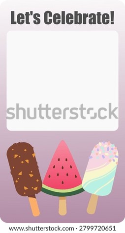 Colorful and cute birthday invitation template card featuring three delicious ice cream popsicles on a pastel purple background. Blank white space included for custom party details. Perfect for kids birthdays, summer parties, and baby showers.