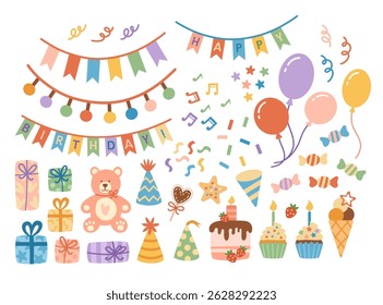 Colorful cute birthday party set of elements isolated. Concept of celebration fun. Hand-drawn vector illustration in flat style.