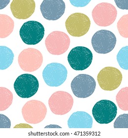 Colorful cute blue, green, pink, blue, gray random grunge polka dot seamless pattern. 