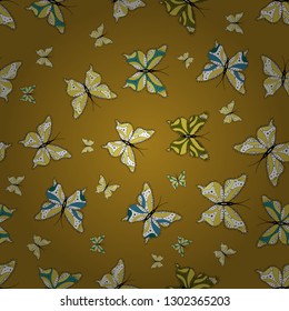 Colorful cute butterfly. Perfect for surface textures, wallpapers, web page backgrounds, textile. Pictures in brown, yellow and white colors. Vector illustration. Seamless pattern background.