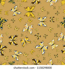 Colorful cute butterfly. Seamless pattern background. Perfect for surface textures, wallpapers, web page backgrounds, textile. Vector illustration. Pictures in yellow, white and brown colors.