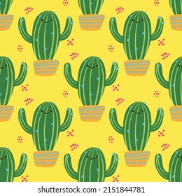 Colorful cute cactus. Hand drawn Vector Trendy illustration. Cartoon style. Seamless Pattern, Background, Wallpaper. Perfect for prints