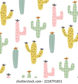 Colorful cute cactus trendy seamless pattern. Can be used for fabrics, wallpapers, textiles, wrapping. Vector illustration