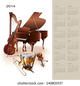 Colorful cute calendar for 2014 with musical design elements