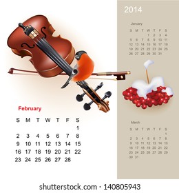 Colorful cute calendar for 2014 with musical design elements