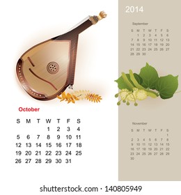 Colorful cute calendar for 2014 with musical design elements