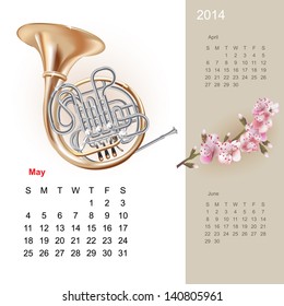 Colorful cute calendar for 2014 with musical design elements